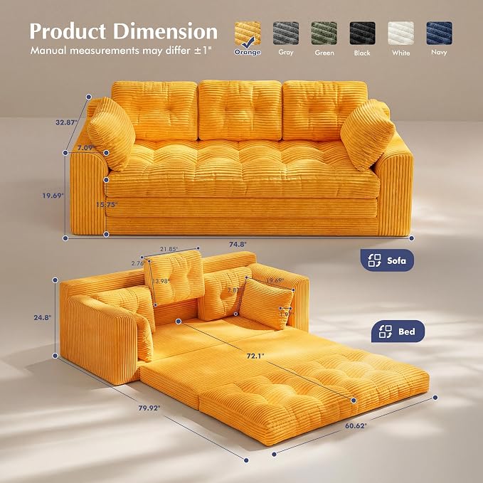 Homkdom 3 Seater Convertible Folding Sofa Bed, Pull Out Sleeper Sofa - Image 3