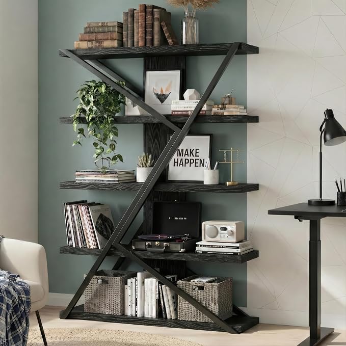 FUSUNBAO Industrial Bookshelf, Vintage 5-Tier Tall Bookcase by FUSUNBAO