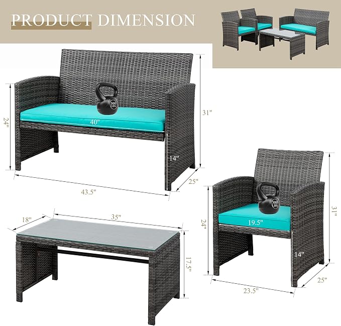 JAMFLY 4 Piece Outdoor Patio Furniture Set, Outdoor Wicker Rattan Chairs - Image 2