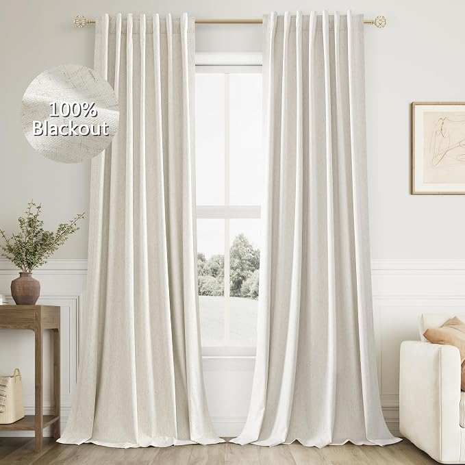Cream 100% Blackout Linen Curtains 96 Inch Length Ceiling to Floor 2 Panels 8 FT by Guken