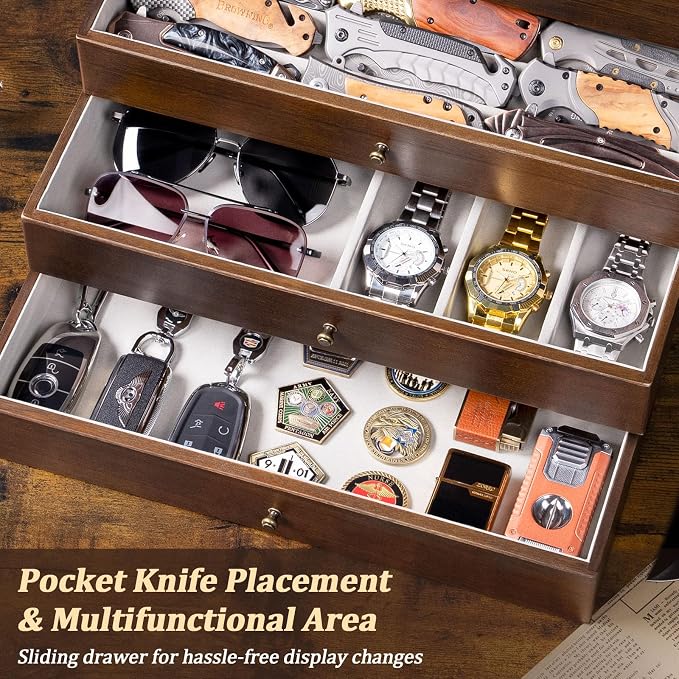 5-Tier Large Knife Display Case & Organizer, Wooden Pocket Knife Storage Box - Image 4