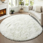 Cream White Round Rugs 5ft for Bedroom Living Room, Ivory Fluffy Circle Area by ONASAR