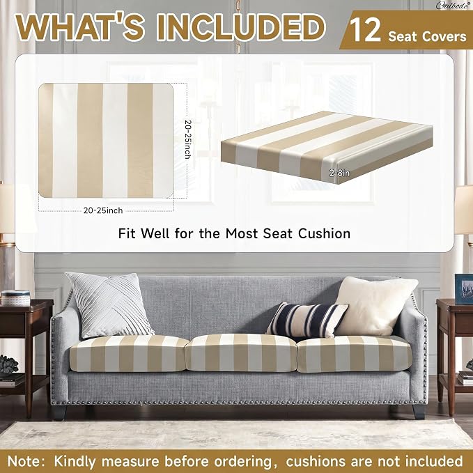 CALBODE 12 Pcs Outdoor Seat Cushion Covers, Striped Stretch Chair Seat Cover - Image 2