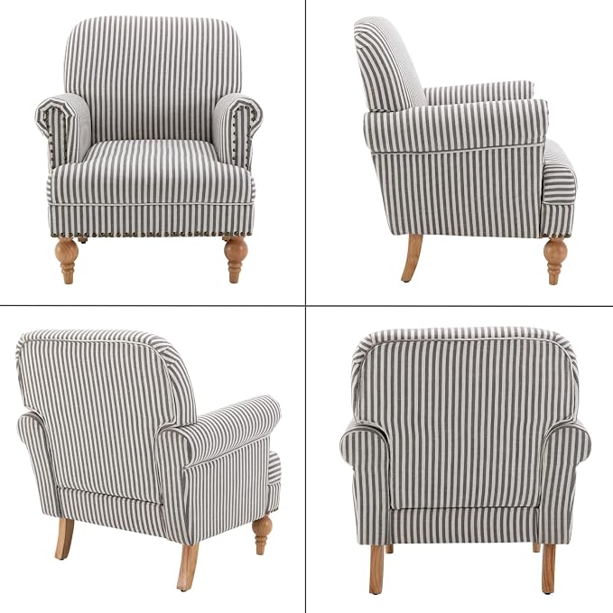 Black Striped Linen Fabric Accent Chairs Set of 2, Modern Farmhouse Upholstered - Image 9
