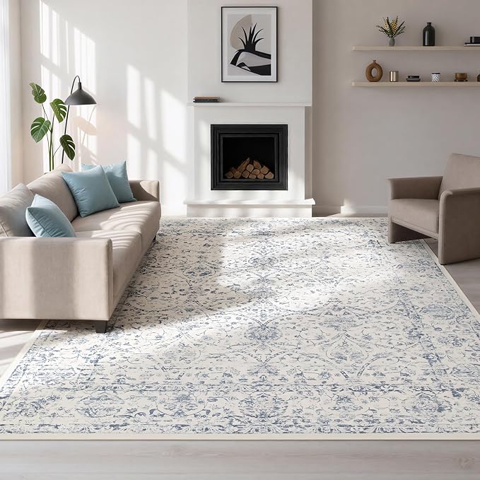 8x10 Boho Washable Area Rug for Living Room, Dining Room-White Blue | Ultra by Lbris