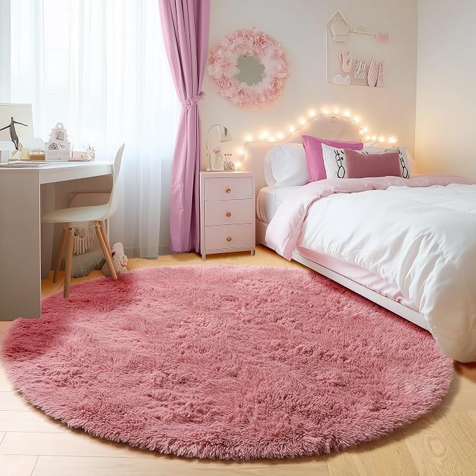 Blush Round Area Rugs 5ft, Soft Bedroom Circle Rug Mats by ONASAR