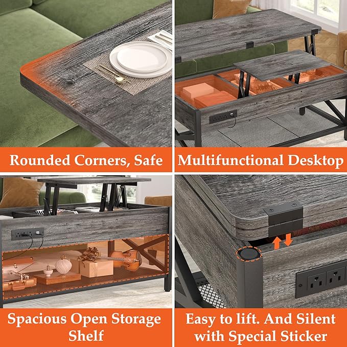 Aheaplus Coffee Table Lift Top Multi-Function Coffee Table Converts to Dining - Image 6