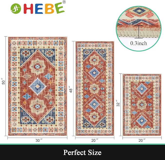 HEBE Boho Kitchen Rugs Set of 3, Non Slip Washable Kitchen Mats - Image 2