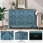 JOINICE Accent Cabinet with 3 Carved Doors, Distressed Blue Sideboard Buffet - Image 4