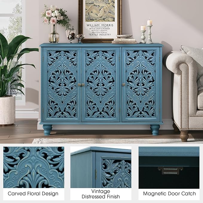 JOINICE Accent Cabinet with 3 Carved Doors, Distressed Blue Sideboard Buffet - Image 4