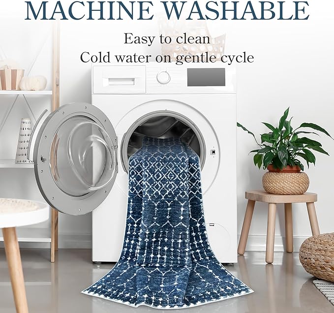 Lahome Moroccan Blue Runner Rug 2x6 Rug Non-Slip Stain Resistant Kitchen Rug - Image 3