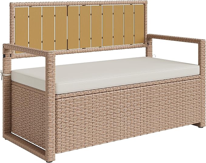 Outdoor Storage Bench with Cushion, Hand-Woven Yellow Wicker Deck Box with - Image 8