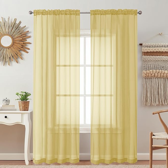 2 Pack: Basic Mustard Yellow Sheer Curtain 84 Inches Long by OVZME