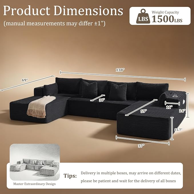 138" Cloud Sectional Couch, Comfort U Shaped Sofa - Image 2