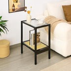2-Tier Bamboo Side Table, Modern Glasstop Rattan Side Table, Mid Century Wood - Image 8