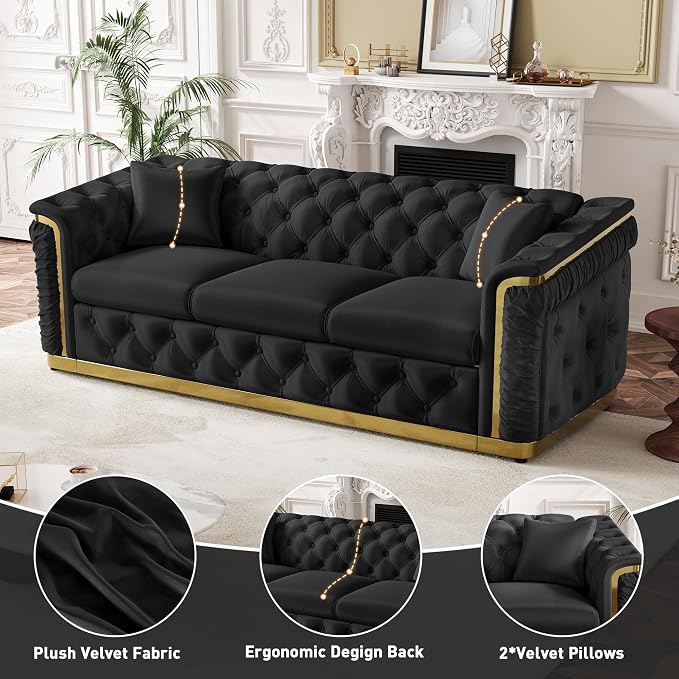 Luxury Chesterfield Sofa Set of 2, Velvet Tufted Couch Victorian Black and Gold - Image 6