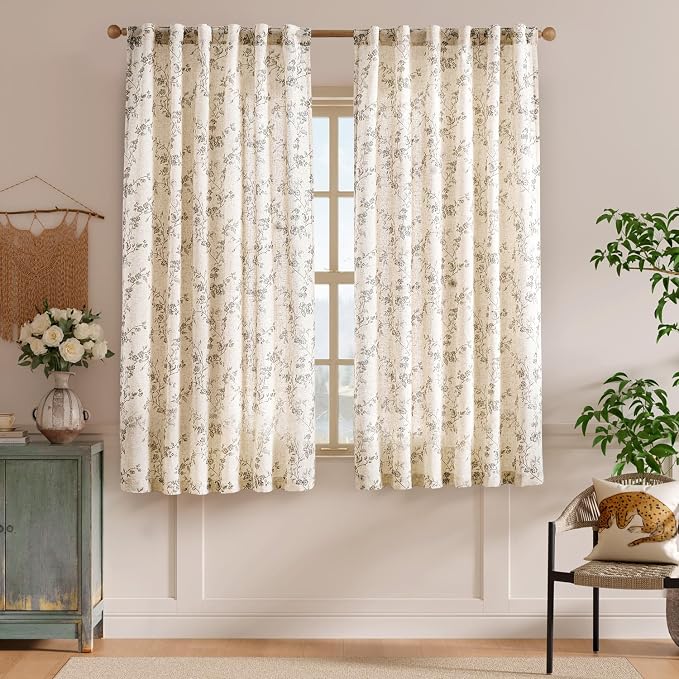 Grey Vintage Floral Linen Curtains Farmhouse 50W X 63L 2 Panels | Elisa Series - Image 2