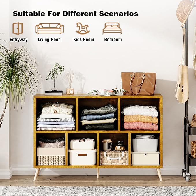 7-Cube Storage Organizer with Natural Wood Legs, Mid-Century Modern Bookcase - Image 6