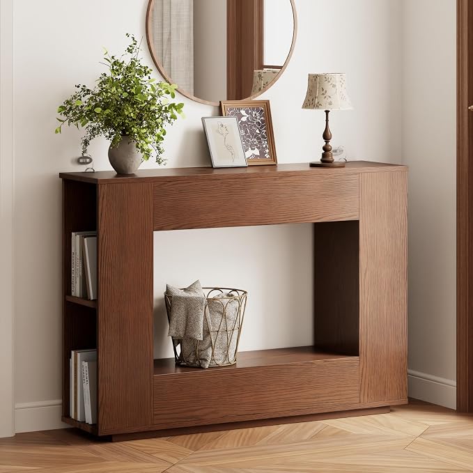 Walnut Console Table with Storage, 47.2" W Farmhouse Entryway Table, Long Sofa by YQJJGL