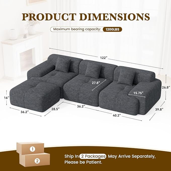 122" L Shaped Convertible Modular Couch, Cloud Couch Sectional - Image 2