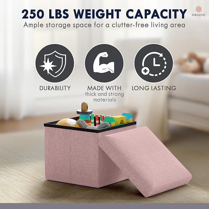 Ornavo Home Small Storage Ottoman Foldable Collapsible Cube Square Linen - Image 7