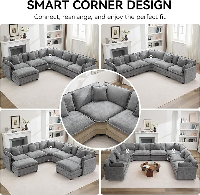 147'' Oversized U Shaped Cloud Sectional Sofa, Chenille Deep Seat Couches - Image 6