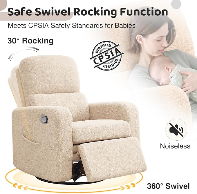 Swivel Rocker Recliner, Oversized Manual Boucle Nursery Glider Rocking Recliner - Image 3