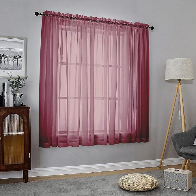 Chyhomenyc Sheer Curtains 63 Inch Length 2 Panels, Burgundy | Light Filtering by Chyhomenyc