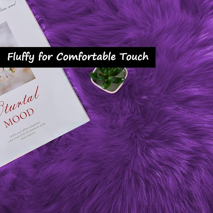 Goolela Purple Circle Rug 5ft Fluffy Round Fuzzy Furry Faux Fur Sheepskin Carpet - Image 2