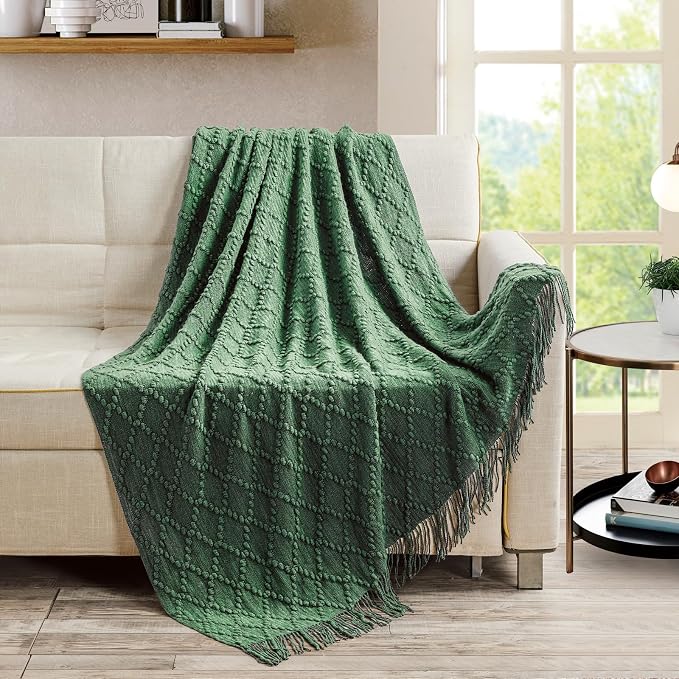 BOURINA Green Throw Blanket 50 x70 Inches Jacquard Argyle Throw Textured Solid by BOURINA