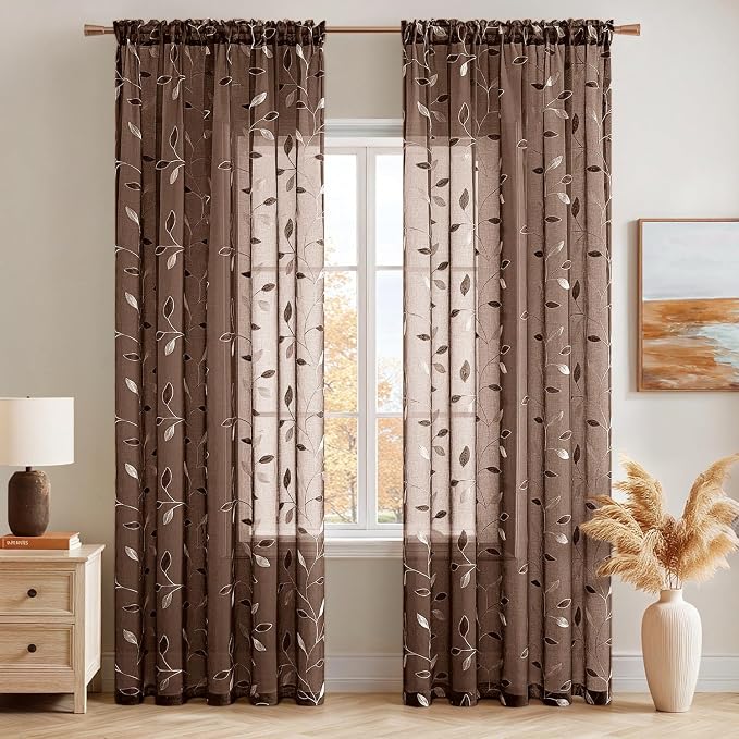 MIULEE Chocolate Brown Sheer Curtains 2 Panels Leaf Patterned, W52 x L84 | - Image 2