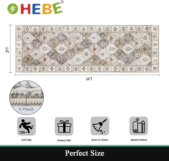 HEBE Hallway Runner Rug 2'x6', Washable Non Slip Kitchen Rug Runner | Soft Boho - Image 2