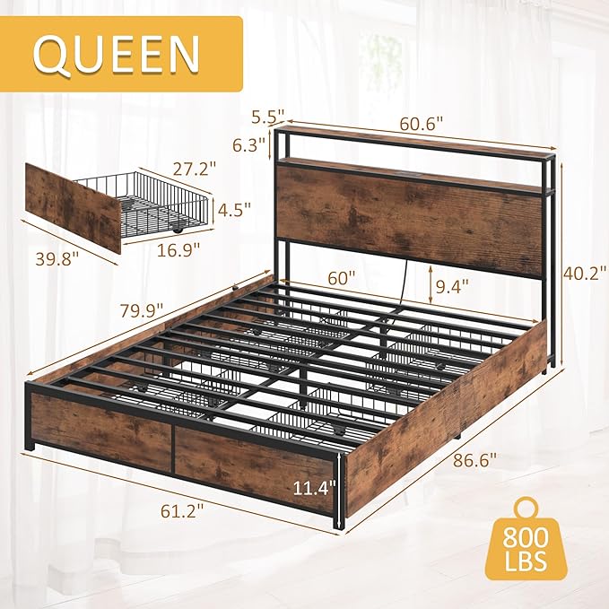 Lifezone Queen Bed Frame with 2-Tier Storage Headboard, Metal Platform Bed - Image 2