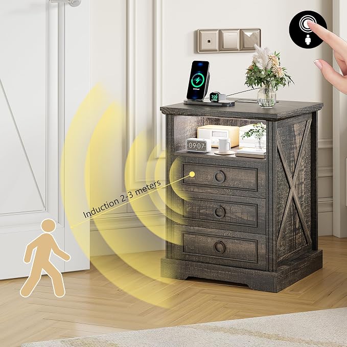 Nightstand Set 2 with Charging Station, Farmhouse End Side Table with 3 Drawers - Image 5