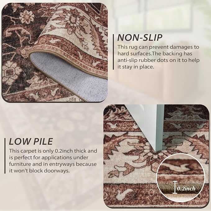 Area Rugs for Living Room, 4x6 Washable Rugs for Bedroom, Non-Slip Retro Floral - Image 3