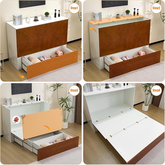 VINGLI Full Murphy Bed with Storage Drawer, 2 Charging Station, Rustic & - Image 8