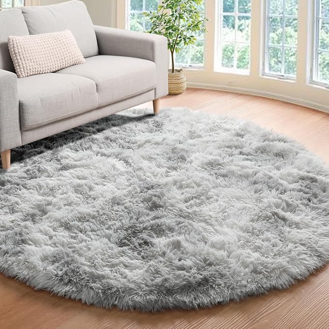 Tie-Dyed Light Grey Round Area Rug 4ft, Ultra Soft Bedroom Circle Rugs by ONASAR