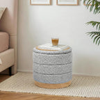 Round Storage Ottoman with Reversible Tray Lid, Folding Chenille Fabric - Image 2