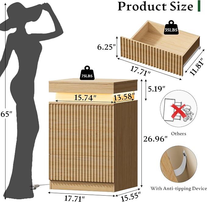 Xixini Nightstand with Charging Station and LED Lights, Fluted Night Stand with - Image 2