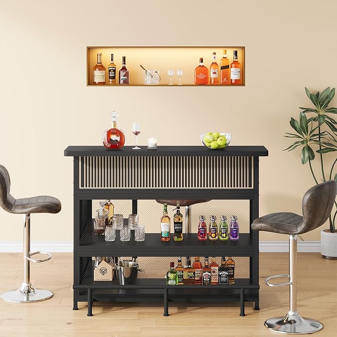 L-Shaped Home Bar Unit with Wine Glasses Holder and LED Light, Modern Bar Table - Image 3