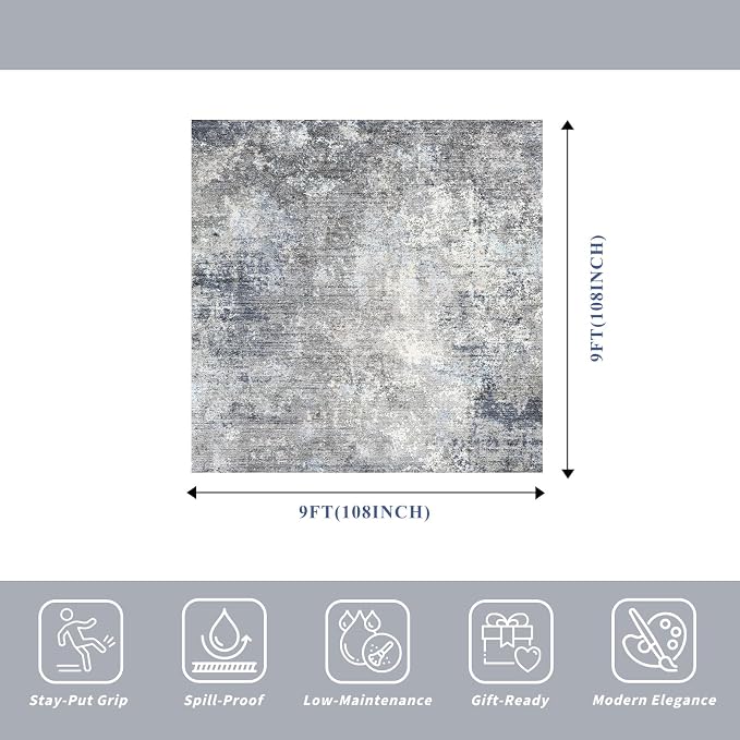 9x9 Square Rug for Living Room Washable Non-Slip, Soft Modern Neutral Carpet - Image 2