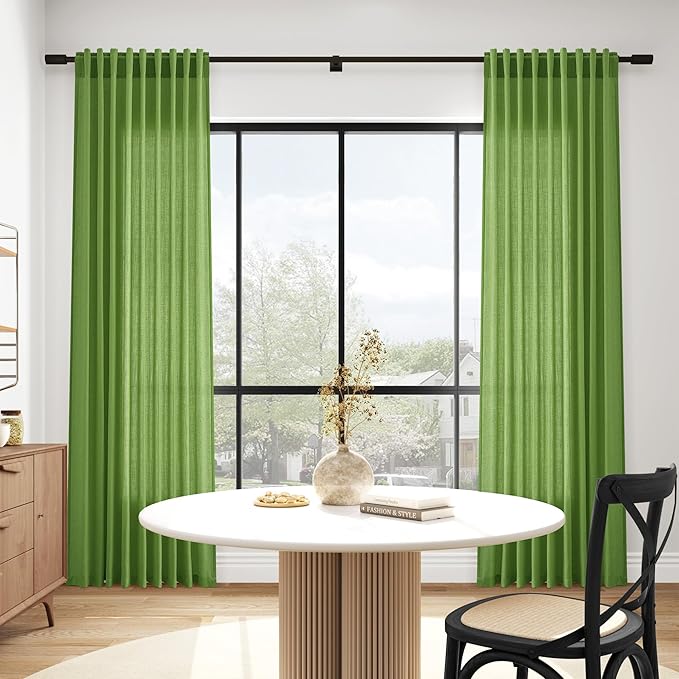 Lime Green Linen Blend Light Filtering Back Tab Curtains 108 Inches Long - Image 6