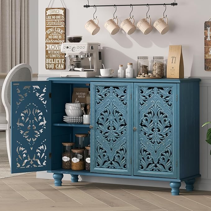 JOINICE Accent Cabinet with 3 Carved Doors, Distressed Blue Sideboard Buffet - Image 5