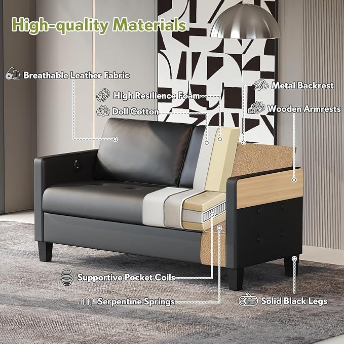 STHOUYN 59” Black Faux Leather Sofa Couch, Modern Comfy Office 2 Seater Couch - Image 3