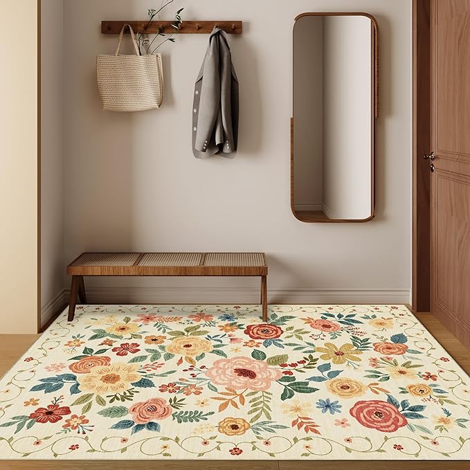 DUKINO 4x6 Area Rug, Floral Washable Office Chair Rug Non Slip Beige Yellow | - Image 4