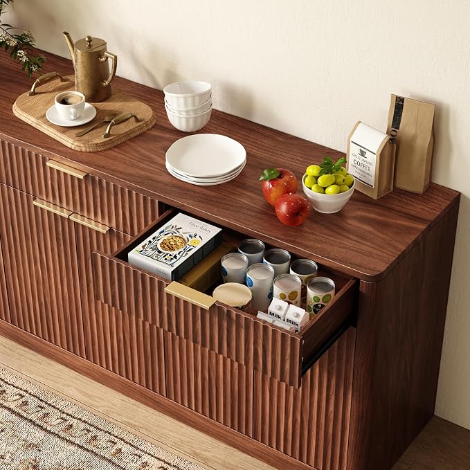 Evermagin 67" Fluted Walnut Sideboard Buffet Cabinet - Image 6