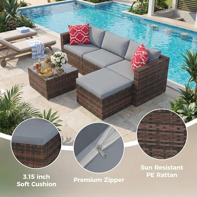 5-Piece Patio Sectional Sofa Set, All-Weather Brown PE Rattan Outdoor - Image 3