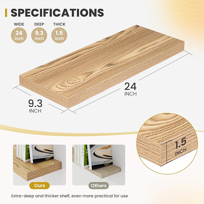 Acovy 24 Inch Floating Shelves, 9.3" Deep Floating Shelf Wall Mounted, Rustic - Image 3