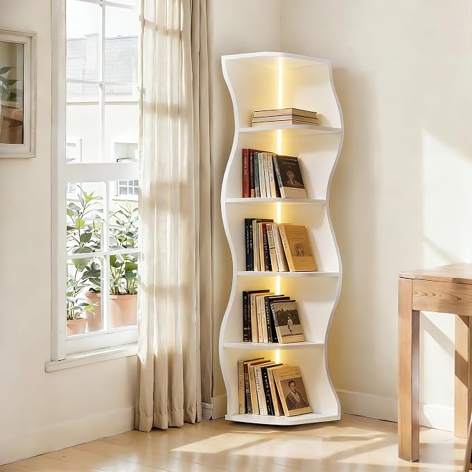 VECELO Wavy Corner Shelf with LED Light, Decorative 6-Tier Corner Display by VECELO
