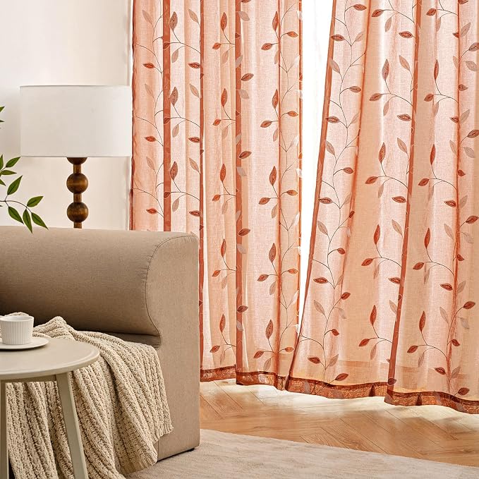 MIULEE Burnt Orange Sheer Fall Curtains 2 Panels Leaf Patterned, W52 x L54 | - Image 3